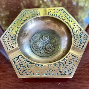 Vintage Brass Hexagon Ashtray Dish w/ Rose Design Made in Korea